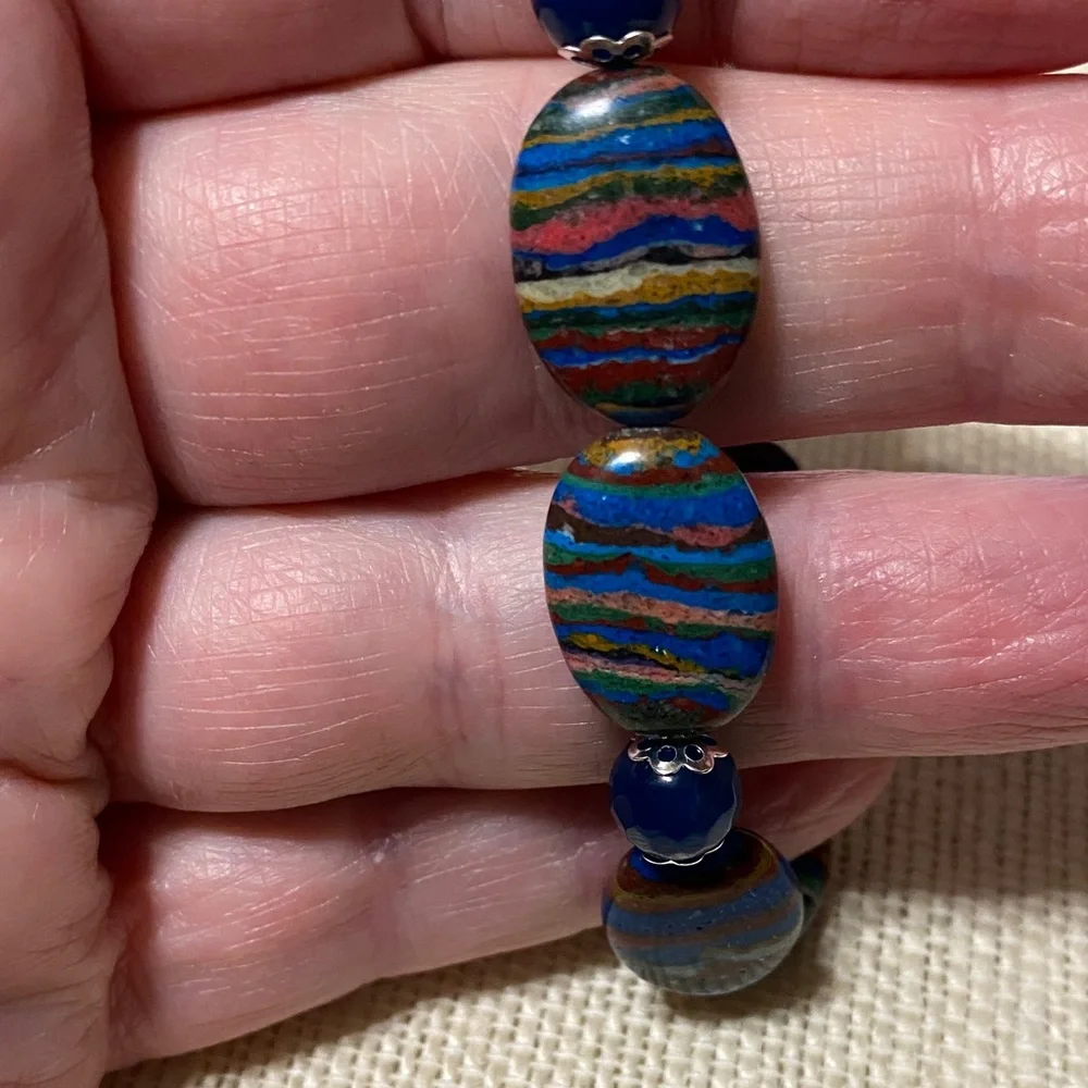 Natural genuine Rainbow Calsillica gemstone artisan Beaded 7.5” Bracelet